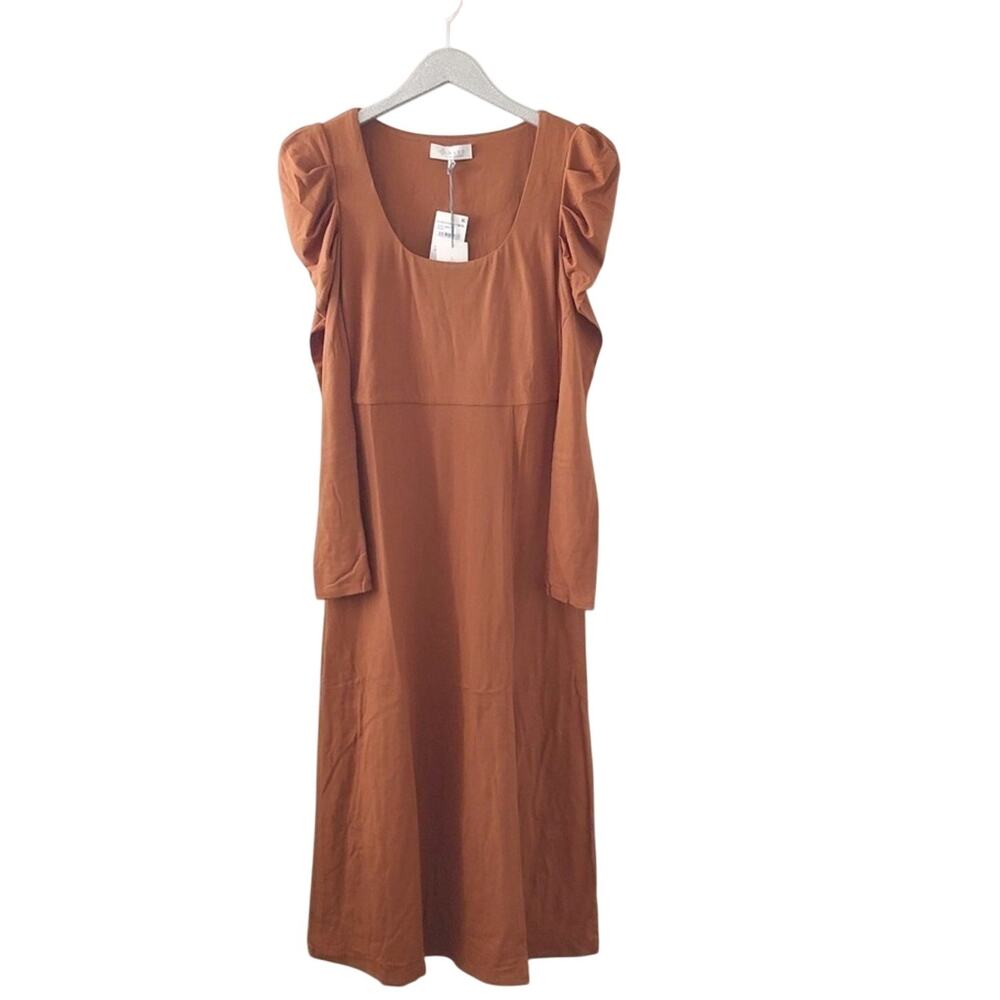 WAYF Puff Long Sleeve Midi Dress in Rust NEW